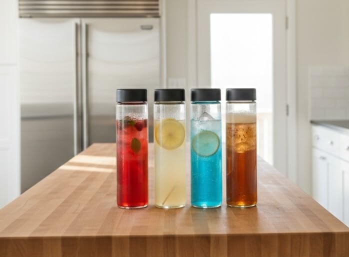 Vency Glass juice glass bottle Fridge Water Bottle with Black Plastic Cap | Set Wide Mouth| with AirTight Leak Proof Reusable Black Plastic Lids | Juicing, Smoothies | Reusable (750ml)(Set of 4) - Image 3