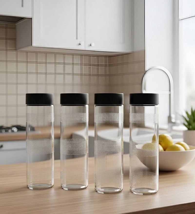 Vency Glass juice glass bottle Fridge Water Bottle with Black Plastic Cap | Set Wide Mouth| with AirTight Leak Proof Reusable Black Plastic Lids | Juicing, Smoothies | Reusable (750ml)(Set of 4) - Image 5