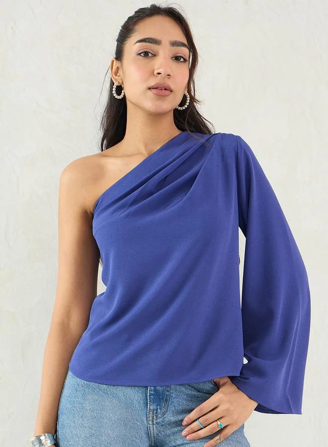 Femmella Femmella Royal Blue One Shoulder Bell Sleeve Top