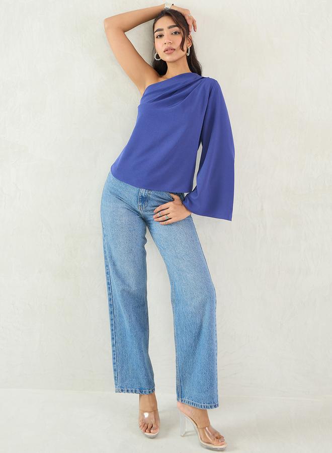 Femmella Royal Blue One Shoulder Bell Sleeve Top - Image 5