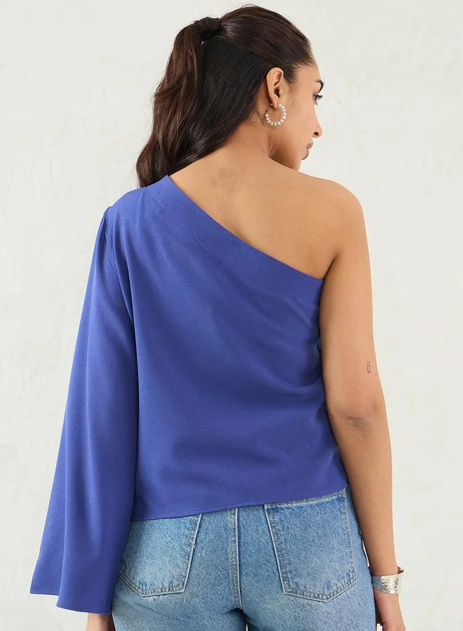 Femmella Femmella Royal Blue One Shoulder Bell Sleeve Top