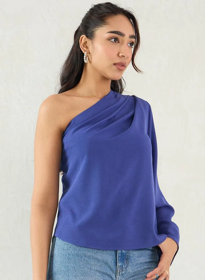 Femmella Femmella Royal Blue One Shoulder Bell Sleeve Top