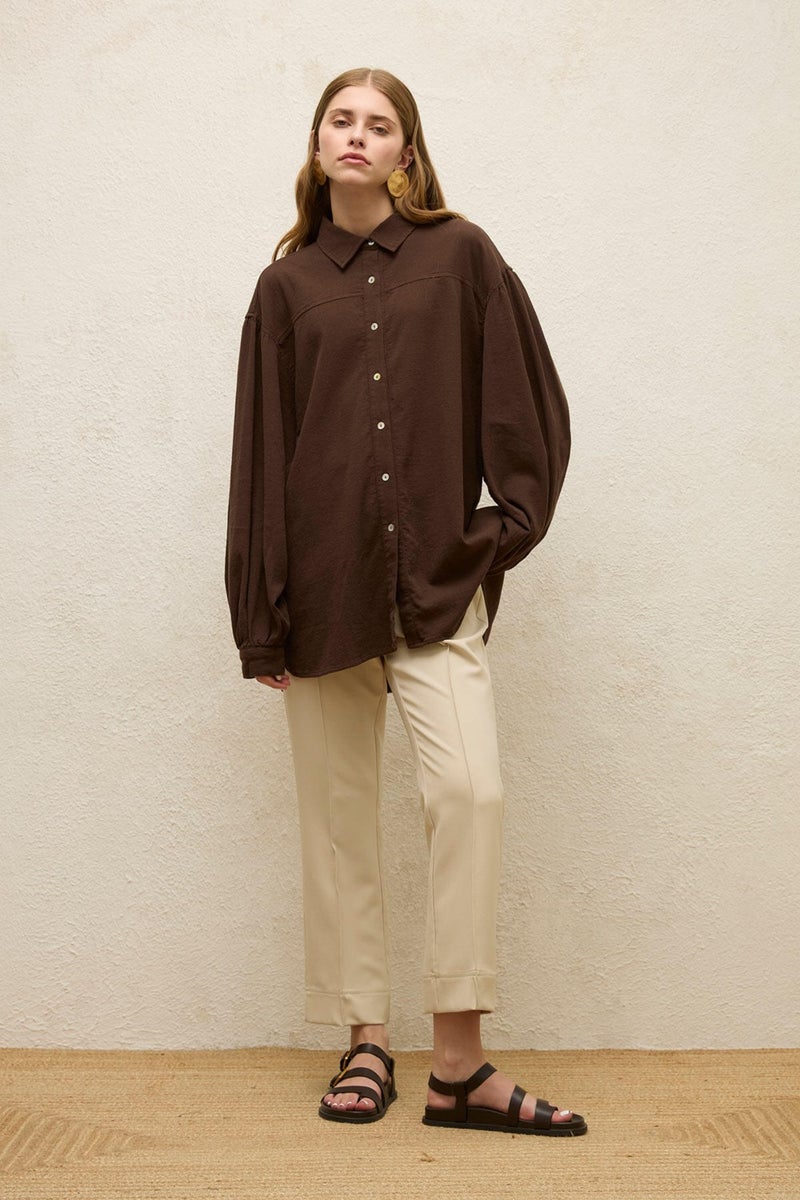 Manuka Cotton Balloon Sleeve Shirt Brown  - Image 1