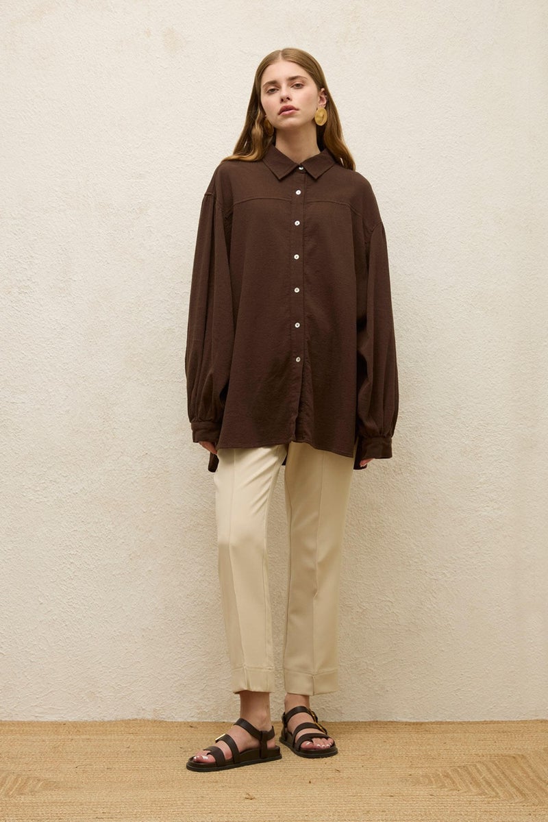 Manuka Cotton Balloon Sleeve Shirt Brown  - Image 2