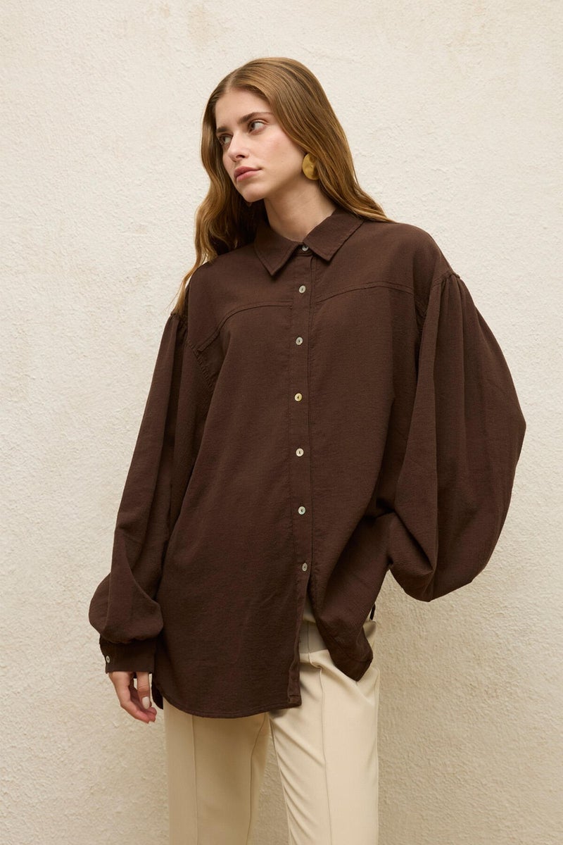 Manuka Cotton Balloon Sleeve Shirt Brown  - Image 3