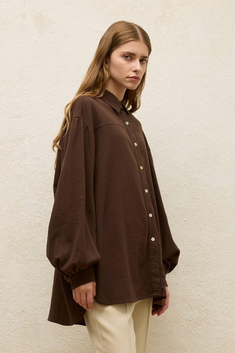 Manuka Cotton Balloon Sleeve Shirt Brown  - Image 4