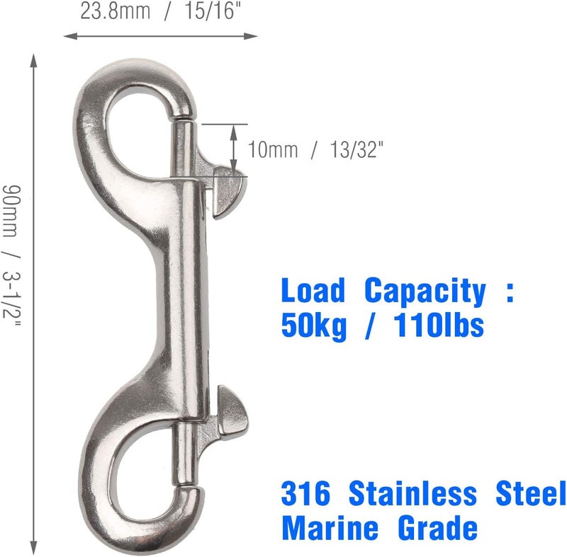 Timsec Double Ended Bolt Snap Hooks, 3-1/2 Inch Marine Grade Double End Scuba Diving Clips, 316 Stainless Steel Trigger Chain Clip, for Water Bucket Pet Feed Bucket Agricultural Equine Dog Leash, 2Packs - Image 3