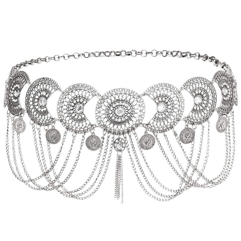 idealway Vintage Waist Chain Hollow Carving Rhinestone Crystal Body Chain Summer Beach Body Waist Chain Jewelry (1 Silver Hotest) - Image 2