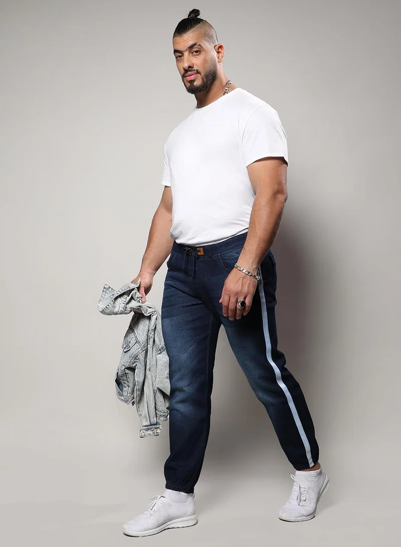 Instafab Plus Campus Sutra Men's Classic Navy Blue Side-Striped Dark-Wash Denim Jeans | Skinny Fit Stretchable Cotton Mid-Rise Drawstring Denim Jeans Crafted With Comfort Fit For Everyday Wear