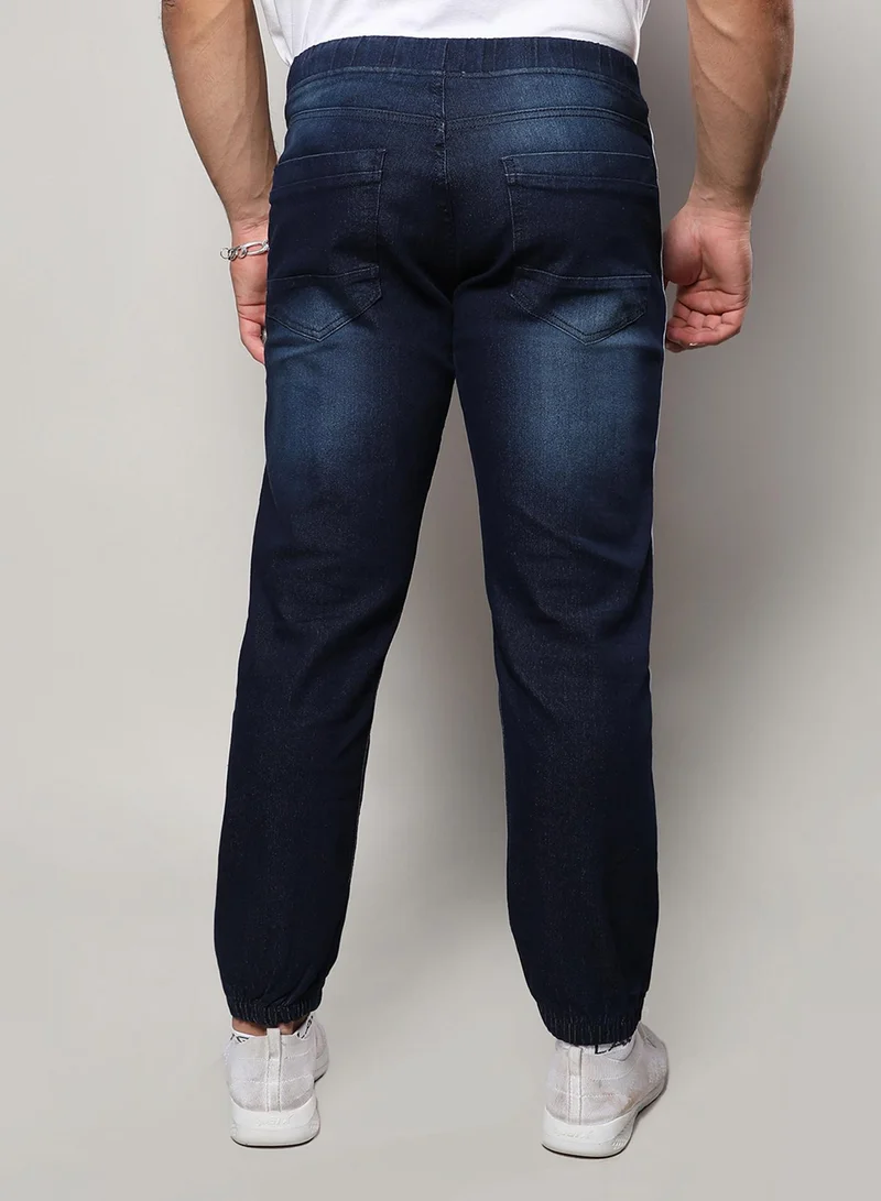 Instafab Plus Campus Sutra Men's Classic Navy Blue Side-Striped Dark-Wash Denim Jeans | Skinny Fit Stretchable Cotton Mid-Rise Drawstring Denim Jeans Crafted With Comfort Fit For Everyday Wear