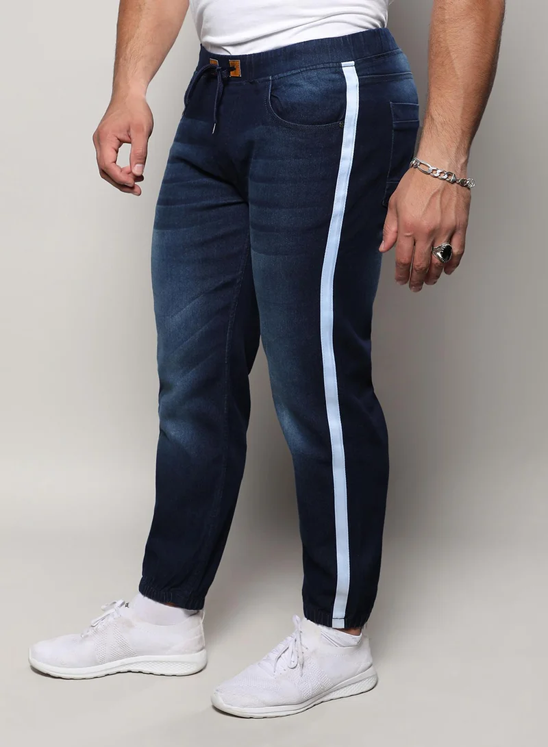 Instafab Plus Campus Sutra Men's Classic Navy Blue Side-Striped Dark-Wash Denim Jeans | Skinny Fit Stretchable Cotton Mid-Rise Drawstring Denim Jeans Crafted With Comfort Fit For Everyday Wear