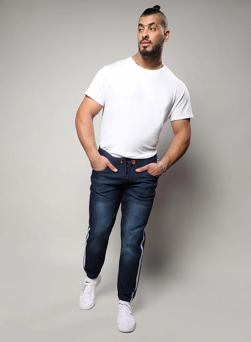 Instafab Plus Campus Sutra Men's Classic Navy Blue Side-Striped Dark-Wash Denim Jeans | Skinny Fit Stretchable Cotton Mid-Rise Drawstring Denim Jeans Crafted With Comfort Fit For Everyday Wear