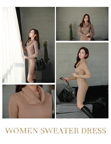 v28 Sweater Dress for Women Ribbed Knit Fitted midi Sexy Fall Winter Bodycon Cowl Neck Dresses (Small,Khaki) - Image 4