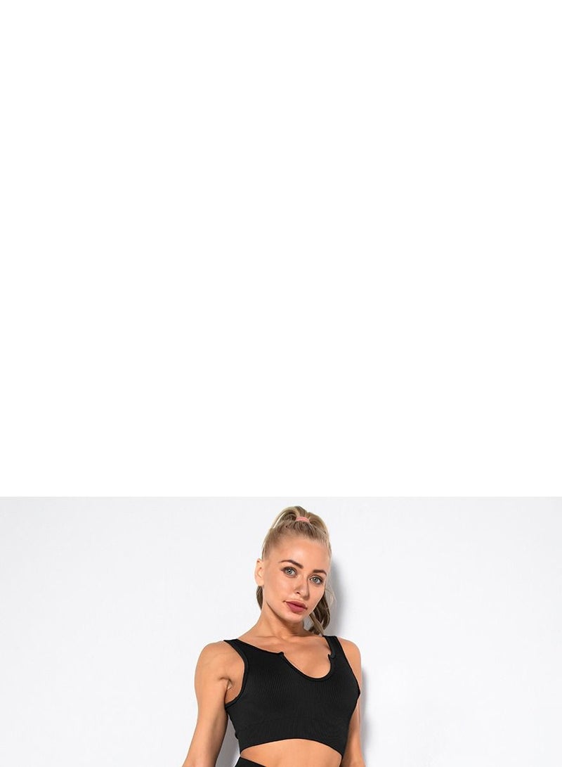 Loquat Solid V-neck Bra Tights Sports Set Black - Image 2