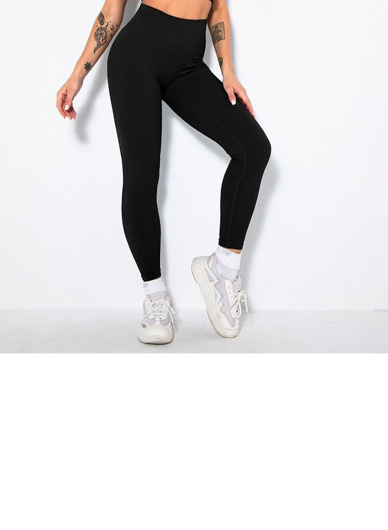 Loquat Solid V-neck Bra Tights Sports Set Black - Image 3