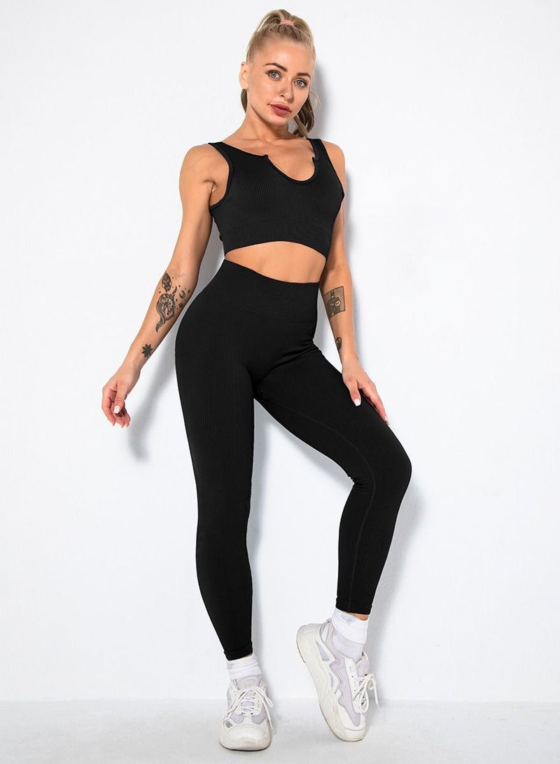 Loquat Solid V-neck Bra Tights Sports Set Black - Image 1