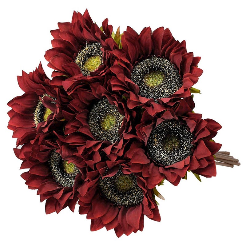 Laelfe 7PCS Artificial Sunflowers Flowers Silk Fall Sunflower Vintage Burgundy Sunflowers Decorations for Home Wedding Party Bulk Dark Center Single