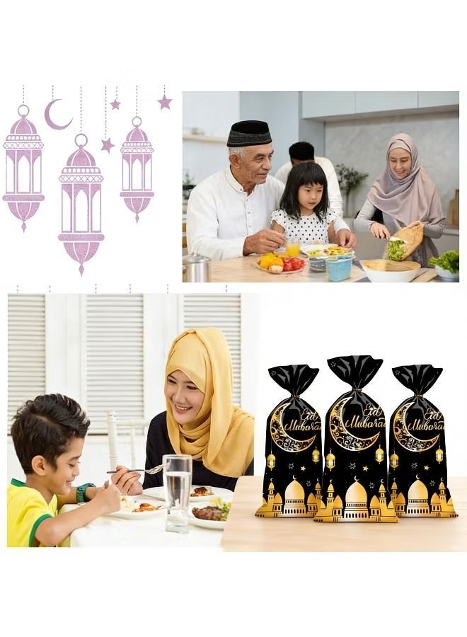50 قطعة من أكياس السيلوفان لعيد مبارك وأكياس السيلوفان لرمضان المسلمين وأكياس الحلوى على شكل قمر القلعة مع أربطة ملتوية وأكياس حلوى عيد مبارك باللون الأخضر والأزرق وحقيبة هدايا لمهرجان المسلمين وحفلات العيد - Image 4
