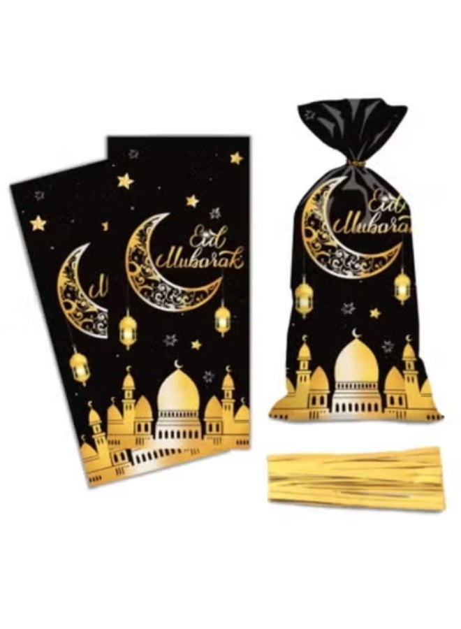 50 قطعة من أكياس السيلوفان لعيد مبارك وأكياس السيلوفان لرمضان المسلمين وأكياس الحلوى على شكل قمر القلعة مع أربطة ملتوية وأكياس حلوى عيد مبارك باللون الأخضر والأزرق وحقيبة هدايا لمهرجان المسلمين وحفلات العيد - Image 1