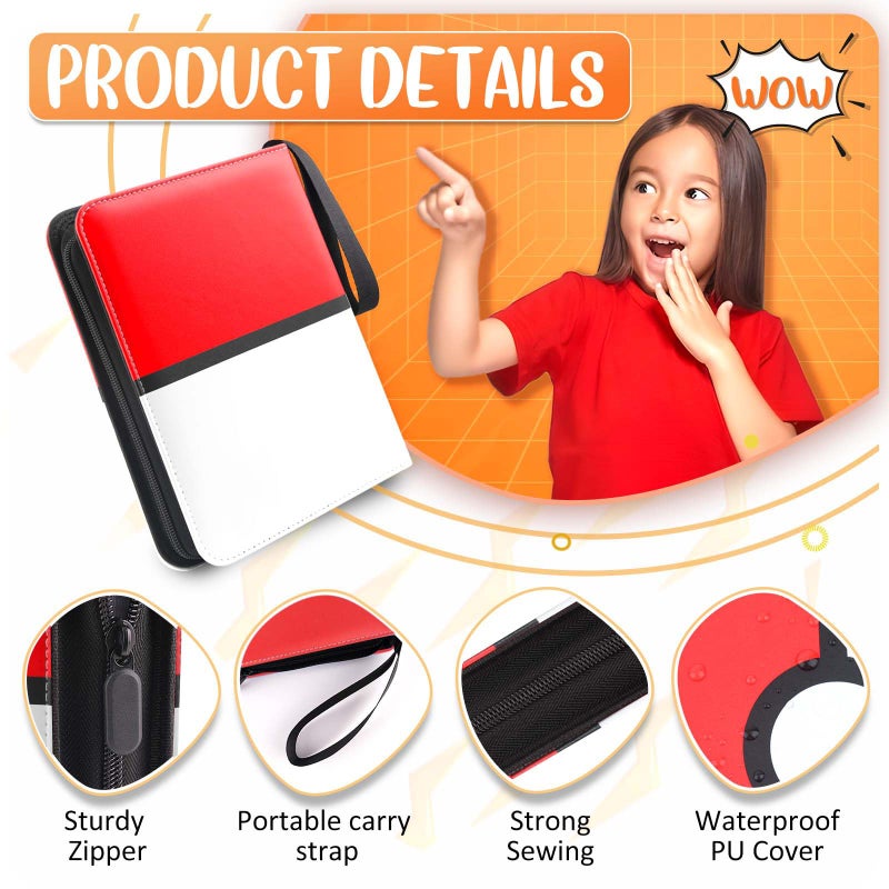 Easyfun Card Binder 4 Pocket, Trading Card Holder Fits 400 Cards With 50 Removable Sleeves, Portable Collection Card Ablum, Game Card Case book With Zipper for Gift, Red - Image 3