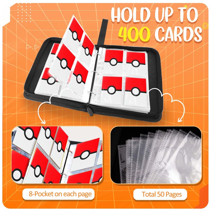 Easyfun Card Binder 4 Pocket, Trading Card Holder Fits 400 Cards With 50 Removable Sleeves, Portable Collection Card Ablum, Game Card Case book With Zipper for Gift, Red - Image 4