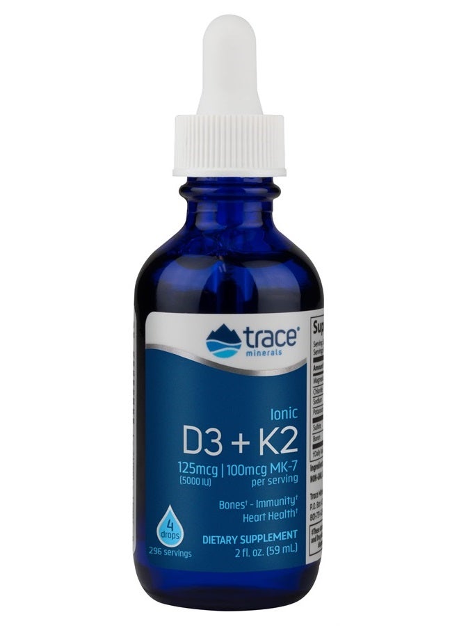 Trace Minerals فيتامين د3 + ك2 السائل | 125 ميكروغرام (5,000 وحدة دولية) د3، 100 ميكروغرام ك2 | مكمل غذائي مركز | دعم العظام القوية، الأسنان، صحة القلب، والمناعة | 2 أونصة سائلة. 296 حصة - Image 1