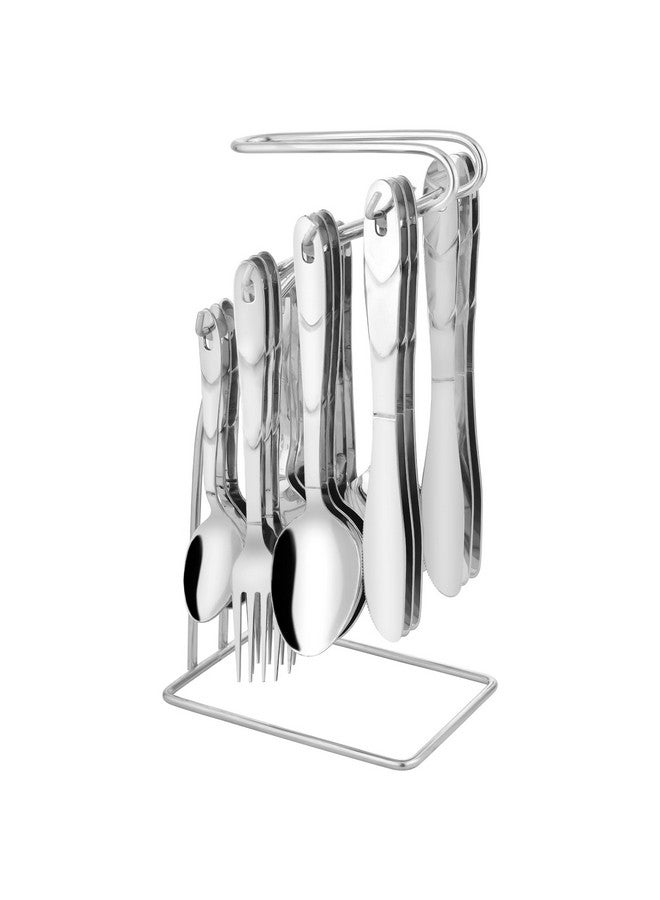 Parage 25 Pieces Creta Stainless Steel Cutlery Set for Home & Kitchen (Contains: 6 Table Spoons, 6 Forks, 6 Tea Spoons, 6 Knives, 1 Stand), Spoon Set, Cutlery Set for Dining Table Stylish, Silver - Image 1
