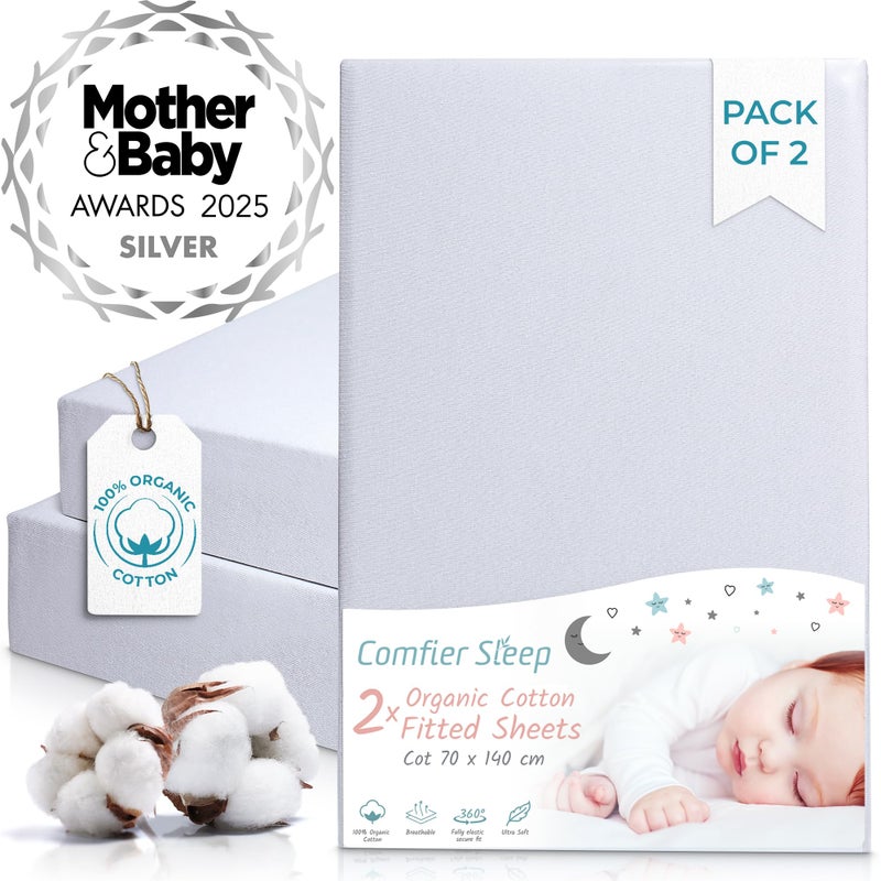 BabbleRoo Cot Sheets 140 x 70 Fitted Grey - Organic Cotton Cot Bed Sheets Set of 2 - Ultra Soft Breathable Sheets for Standard Mattress - Image 1