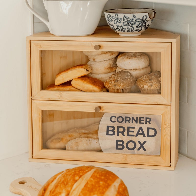 BakedBin Corner Bread Box for Kitchen Countertop - New 2026 Design, Vintage Bamboo Wooden BreadBox, Large, Double Layer Storage for Homemade Bread, Sourdough, Panera, Under Cabinet Organizer - Image 1
