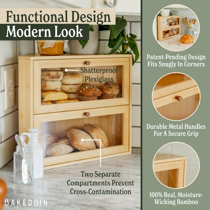 BakedBin Corner Bread Box for Kitchen Countertop - New 2026 Design, Vintage Bamboo Wooden BreadBox, Large, Double Layer Storage for Homemade Bread, Sourdough, Panera, Under Cabinet Organizer - Image 4