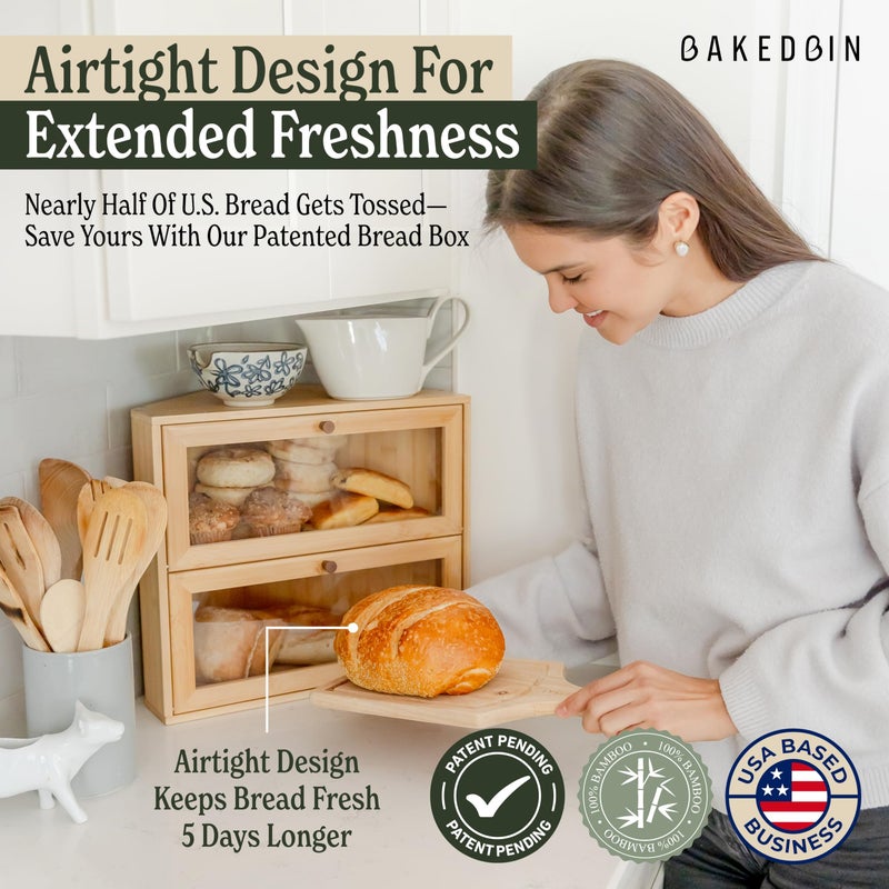 BakedBin Corner Bread Box for Kitchen Countertop - New 2026 Design, Vintage Bamboo Wooden BreadBox, Large, Double Layer Storage for Homemade Bread, Sourdough, Panera, Under Cabinet Organizer - Image 5