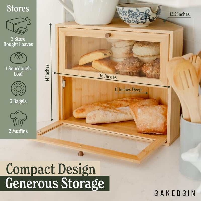 BakedBin Corner Bread Box for Kitchen Countertop - New 2026 Design, Vintage Bamboo Wooden BreadBox, Large, Double Layer Storage for Homemade Bread, Sourdough, Panera, Under Cabinet Organizer - Image 2