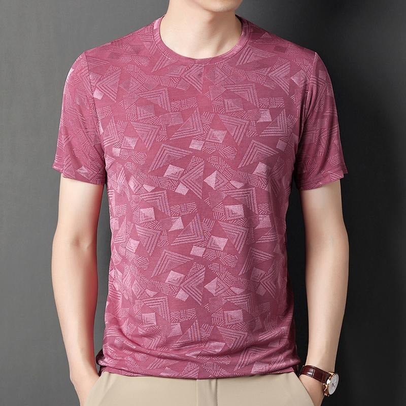 Men'S Short-Sleeve T-Shirt Made Of Mulberry Silk, Summer Loose Jacquard Half-Sleeve Top, Trendy Casual Ice Silk Base Shirt - Image 2