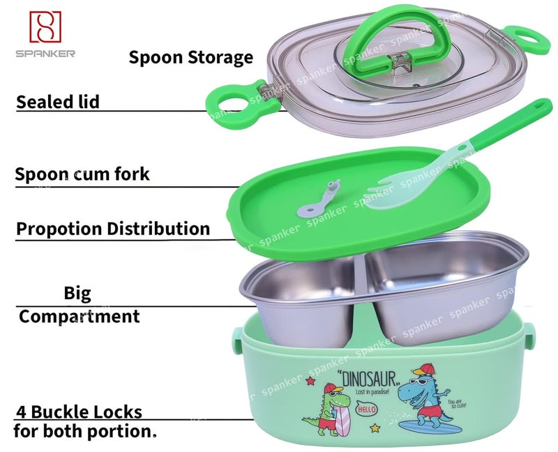 Spanker Dinosaur Lunch Box Thermal Stainless Steel 1000 ML Insulation Brunch Munch Box Tableware Set Portable Lunch Containers for Kid Adult Student Children Keep Food Green - Image 3