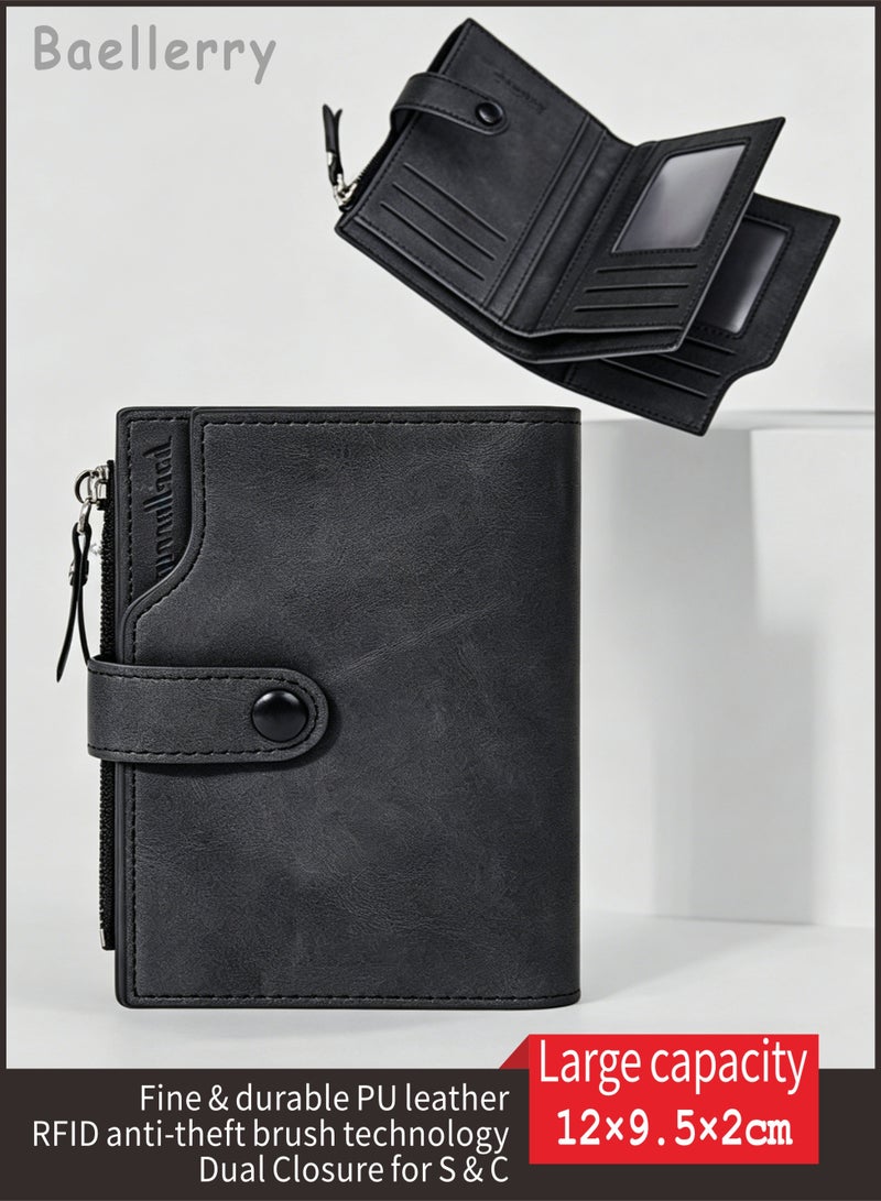BAELLERRY Men's Black PU Leather Wallet (Model D5113) | 17 Card Slots, Zipper Coin Pocket, Snap Closure | Slim, Durable & Vintage Style for Daily Carry - Image 1