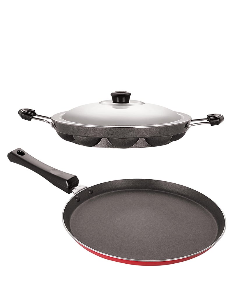 Nirlon Nirlon Special Quality Non-Stick Flat Tawa 30 cm & AppamPatram 22 cm with Stainless Steel Lid 12 Pites, Dosa Tava & Appam Patram Combo Offer. 