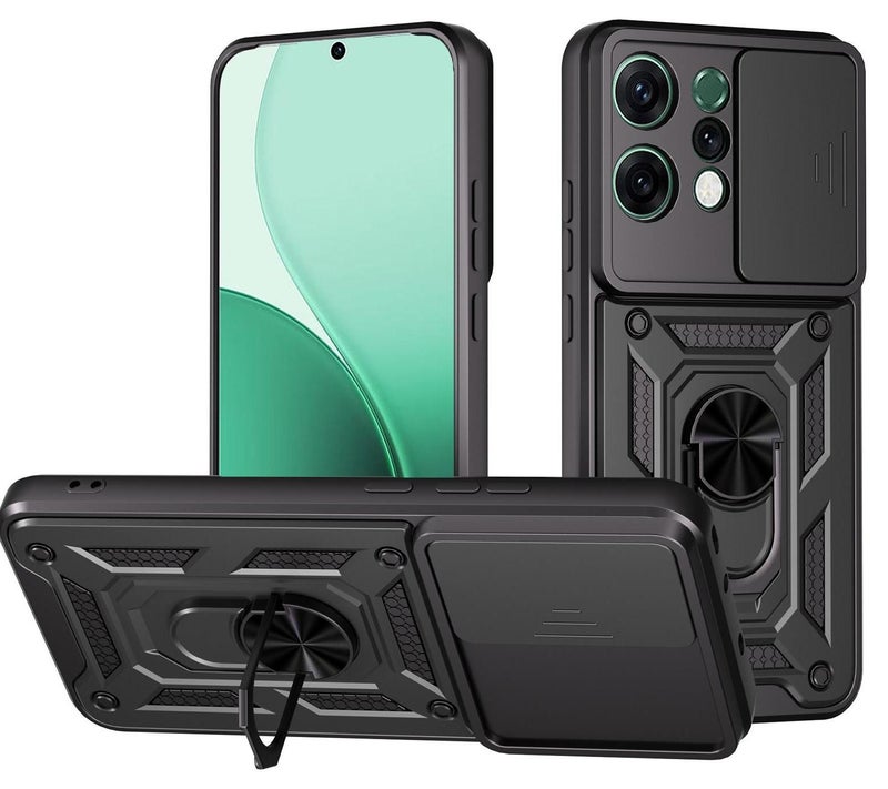 جراب حمايه مقاوم للصدمات وحمايه للكاميرا مزود بدبله معدنيه متوافق مع  Oppo Reno 14  (اسود) - Image 1