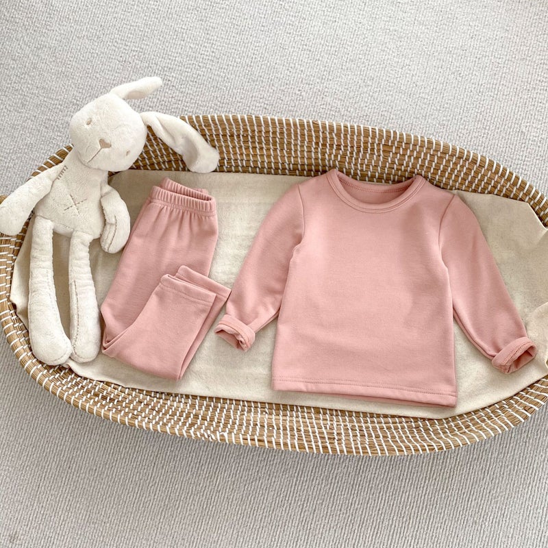Autumn and Winter New Childrens Ginger Warm Velvet Suit Solid Color Simple Warm Velvet Base Shirt Baby Home Clothes Two-piece Set Black - Image 2
