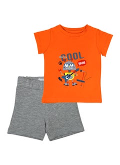 Cool Robot Cotton Set (Orange Robot t-shirt + Light Grey Shorts)