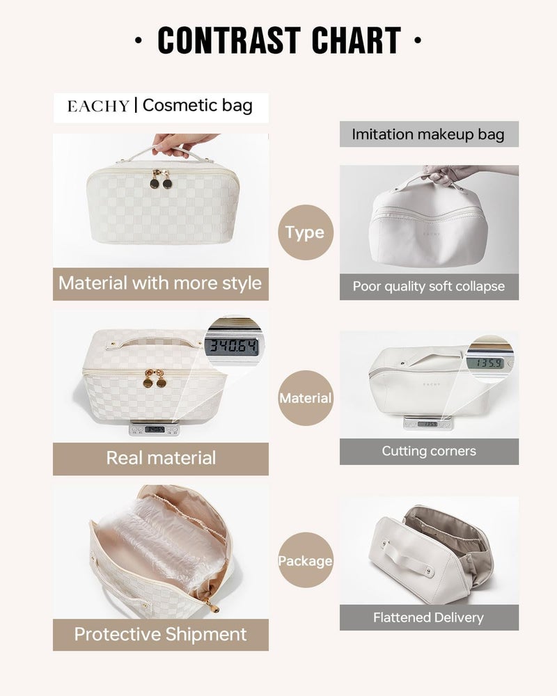 حقيبة مكياج للسفر من إيتشي (EACHY Travel Makeup Bag)، حقائب تج��يل ذات سعة كبيرة للنساء، حقيبة مقاومة للماء وسهلة الحمل، بتصميم مفتوح ومسطح لحمل اللوازم الشخصية. - Image 5