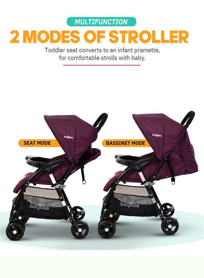 BAYBEE Portable Infant Baby Stroller For Babies With 3-Position Adjustable Seat Canopy 5-Point Safety Belt Storage Travel System Baby Stroller For Baby Toddlers Kids 0 To 3 Years Boys Girls Purple - Image 3
