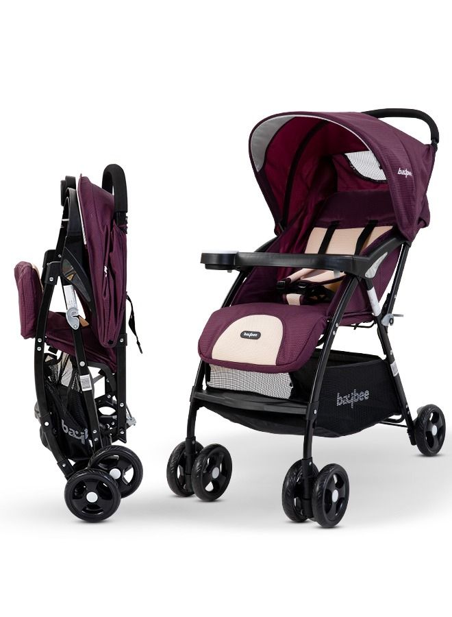BAYBEE Portable Infant Baby Stroller For Babies With 3-Position Adjustable Seat Canopy 5-Point Safety Belt Storage Travel System Baby Stroller For Baby Toddlers Kids 0 To 3 Years Boys Girls Purple - Image 1