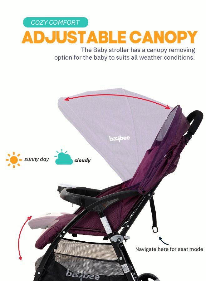 BAYBEE Portable Infant Baby Stroller For Babies With 3-Position Adjustable Seat Canopy 5-Point Safety Belt Storage Travel System Baby Stroller For Baby Toddlers Kids 0 To 3 Years Boys Girls Purple - Image 4