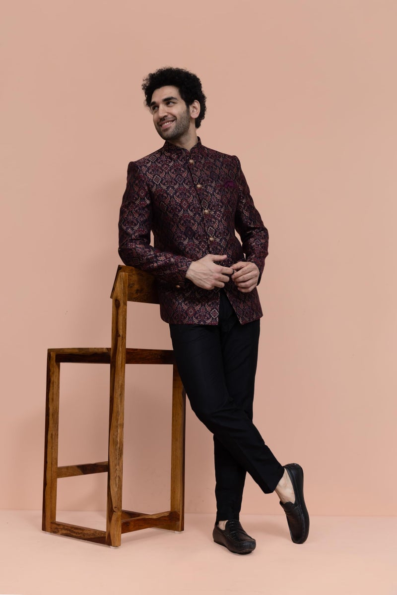 Kisah Men Maroon Ethnic Motifs Bandhgala, 44 - Image 4