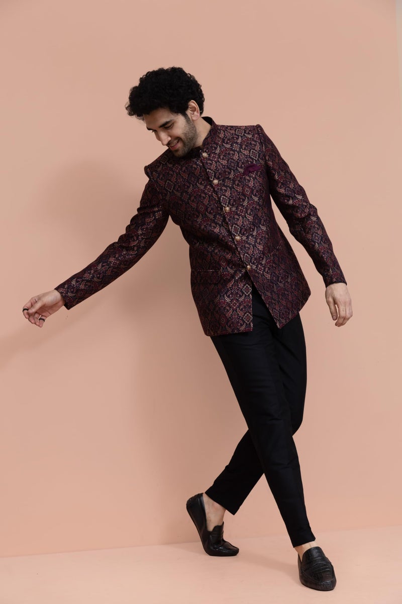Kisah Men Maroon Ethnic Motifs Bandhgala, 44 - Image 5
