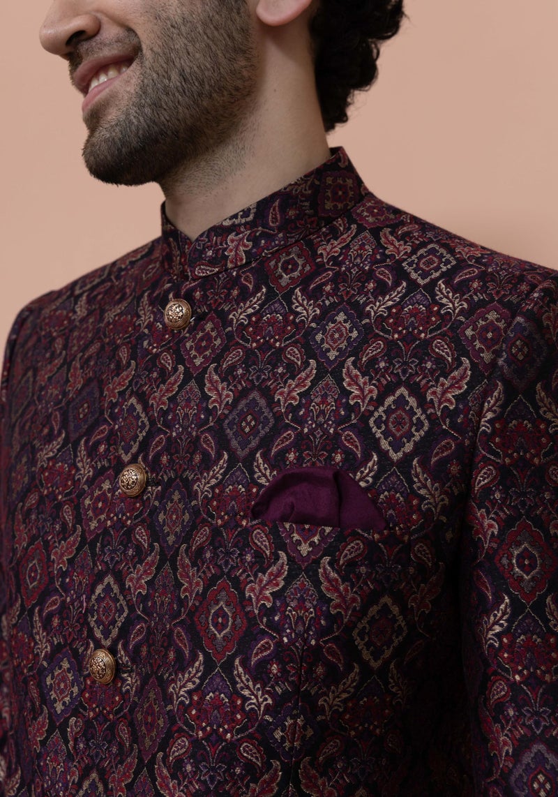 Kisah Men Maroon Ethnic Motifs Bandhgala, 44 - Image 3