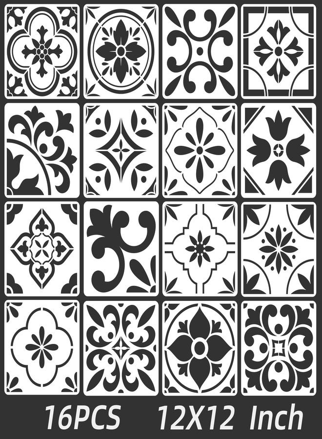 neglex 16-Pack Spanish Tile Stencil Set (12X12 Inch) Authentic Patterns for Floor and Wall, Reusable Tile Stencils for Painting on Floors, Furniture, and Canvas, DIY Spanish Talavera Home Décor - Image 1