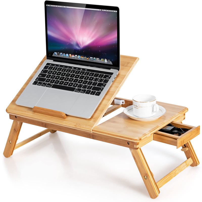 Tangkula 100 Bamboo Laptop Desk with Tilting Top  Drawer Height Adjustable Portable Breakfast Serving Bed Tray with HeatDissipation Holes Folding Bed Table for Surfing Reading Writing Eating
