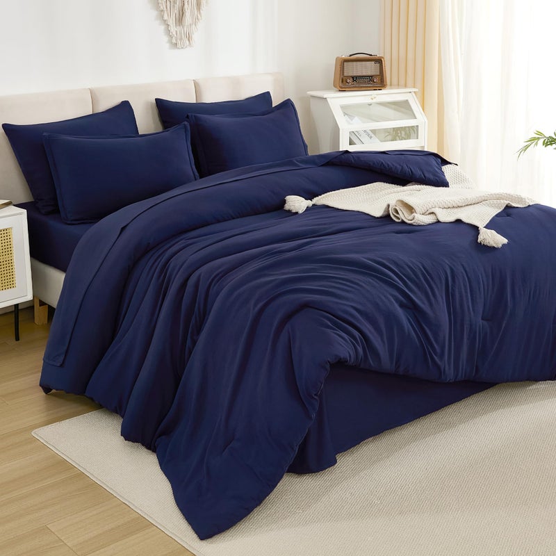 Litanika Full Size Comforter Sets Navy Blue - 7 Pieces Bed in a Bag Full Beddding Comforter Sets  Solid Lightweight Bed Set with Comforter  Sheets  Pillowcases & Shams - Image 1