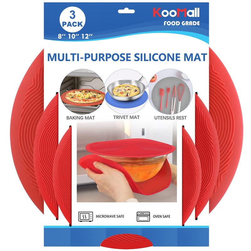 KooMall 12 10 8 Inch Multiuse Microwave Mat Trivet Pot Holders Drying Baking Place Mat Utensils Rest Silicone Cover Pad for Hot Pot Pans Bowls Plates Dishes Kitchen Counter Heat ResistantRed